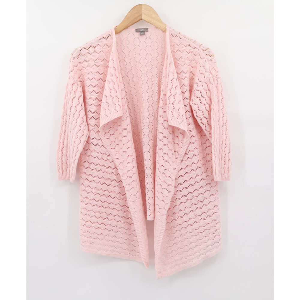 J. Jill Women's Patel Pink Waterfall Crochet Open Cardigan 3/4 Sleeve Sz M